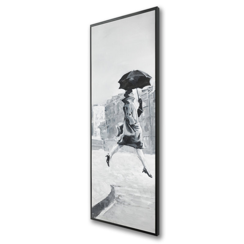 «Woman in the Rain», art sur toile encadré monochrome gris