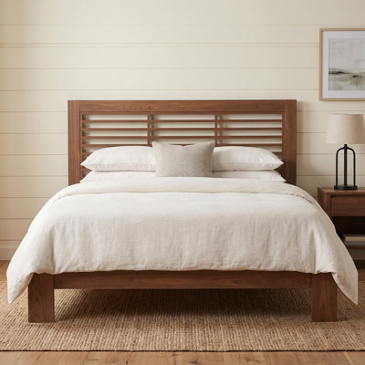 Mid-Century Modern Queen Wood Platform Bed with Horizontal Louvered Headboard, Walnut