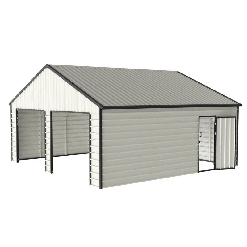 White 23' x 22' Double Garage Metal Shed with Side Entry Door