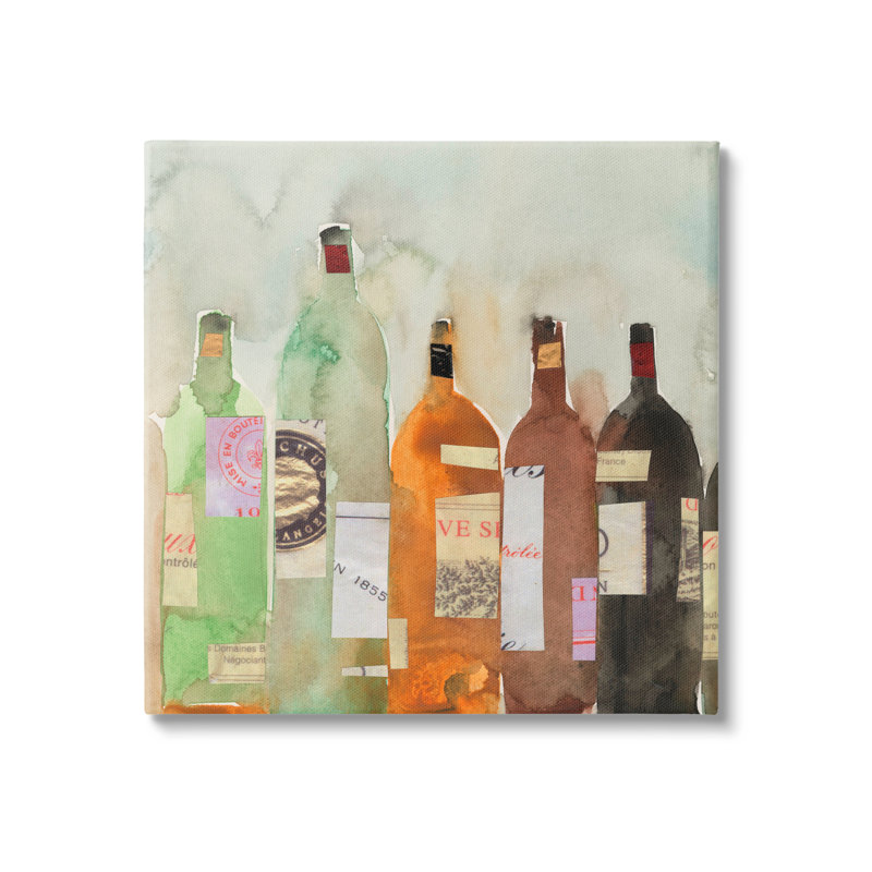 «Collage Wine Champagne Bottles Vintage Style» par Samuel Dixon - Peinture, H 17 po x l 17 po x P 1,5 po, Toile tendue