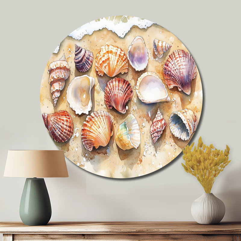 Coquillage sur la plage de sable - décoration murale ronde en métal coquillage, L 29 po x H 29 po
