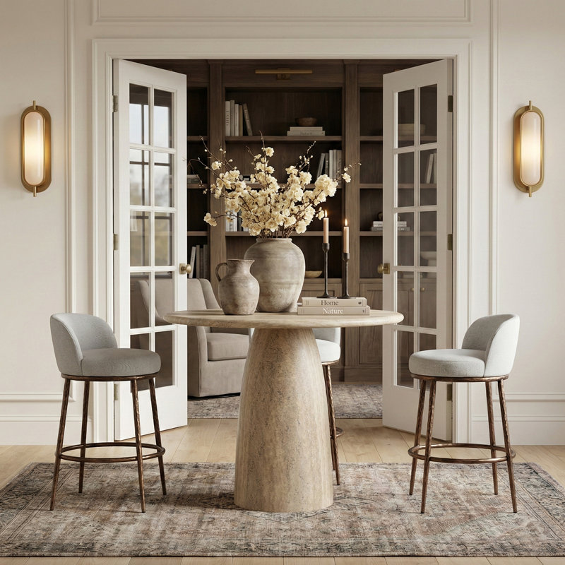 Tabouret de bar en tissu performance beige Ferro Sanches, Bronze, Tissu blanc performance