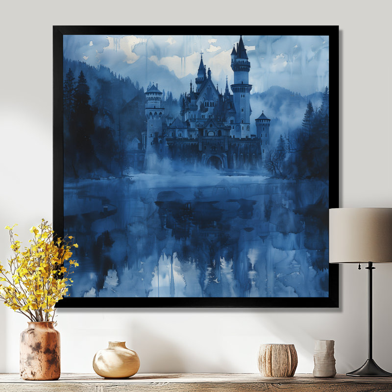 Art mural bleu et noir, château allemand I, château, Toile encadrée noire simple, H 30 po x l 30 po x P 1 po