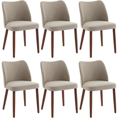 Ensemble de 6 chaises de salle à manger rembourrées en lin modernes avec pieds en bois massif, dossier à oreilles et pieds de nivellement, chaises d'appoint peu encombrantes pour salle à manger et bureau à domicile, chameau