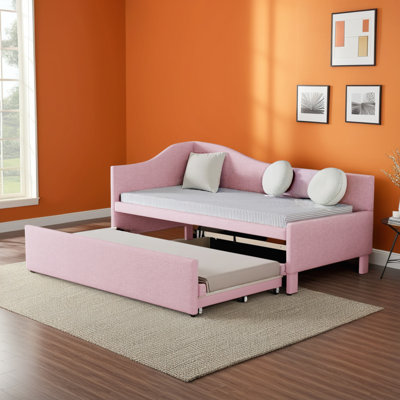 Twin Size L-Shaped Upholstered Daybed with Pop-Up Trundle for Compact Spaces by Lark Manor