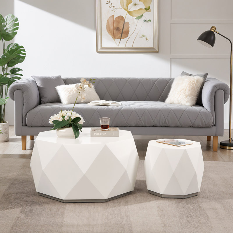 32" Wood Diamond-shaped Coffee Table Set For Living Room, Modern Wooden End Table With Spacious Tabletop, Octagon Coffee Table Set For Small Space, No Assembly (2 Piece)
