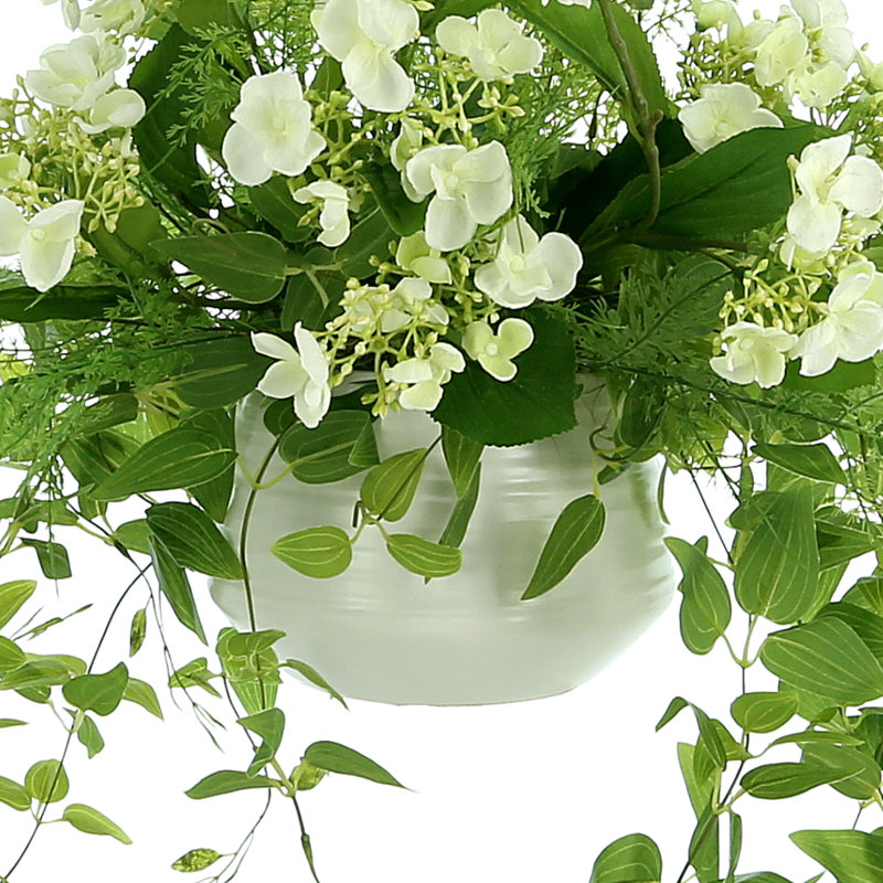 Budding Hydrangea Arrangement In Rippled Vase With Tradescantia And Fern