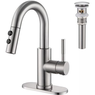 Bathroom Sink Faucet With Pull Down Sprayer, Brushed Nickel Single Handle Pull Out Faucet With Pop-Up Drain, 1 Or 3 Hole Laundry Bar Basin Faucet With Deck Plate, KBL-7002BN-CL