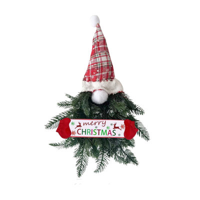 Porte-gnome 19,69 pouces avec chapeau à carreaux et panneau «Merry Christmas» pour décoration des Fêtes