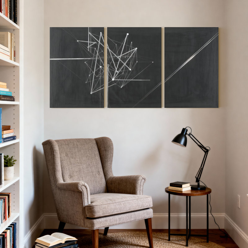 Ensemble de 3 tableaux abstraits géométriques à motifs de lignes et de points, montés sur toile., H 30 po x l 60 po