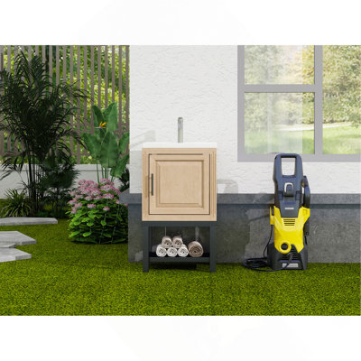 Petit meuble-lavabo de 20 po avec lavabo et robinet d'eau chaude et froide, armoire de salle de bain autoportante avec lavabo en céramique blanche, rangement pour salle de bain avec 1 porte et tablette ouverte en fer