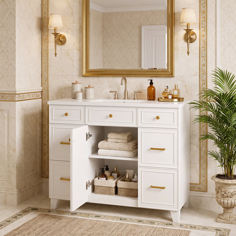 Meuble-lavabo blanc de 91 cm (36 po) avec lavabo en céramique, structure en bois massif, portes à fermeture amortie, étagères réglables et 3 tiroirs, dont un tiroir de rangement double profondeur pour sèche-cheveux.