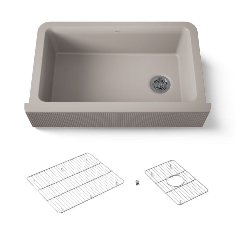 Cairn Undermount Single-Bowl Farmhouse Kitchen Sink, Matte Taupe, Fluted