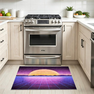 Purple Machine Washable,Retro with Sunrise Sunset Indoor Area Rug
