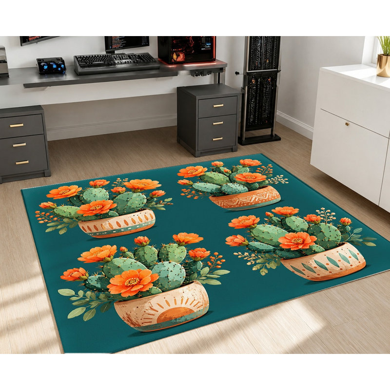 Tapis bleu sarcelle à motif artistique Southwestern, Rectangle 5 pi 3 po x 3 pi 3 po (160 x 100 cm)