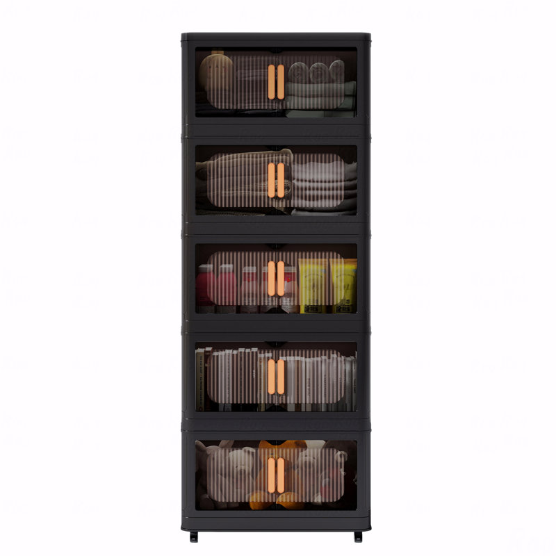 5-Tier Folding Storage Cabinet with Wheels & Transparent Doors
