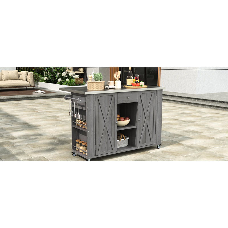 Outdoor Kitchen Island In Grey - Fir Wood And Stainless Steel Combination, Spacious Storage, Towel Rack, Spice Bottle Opener, Lockable Wheels For Ease Of Movement & Steel, Expandable Countertop,