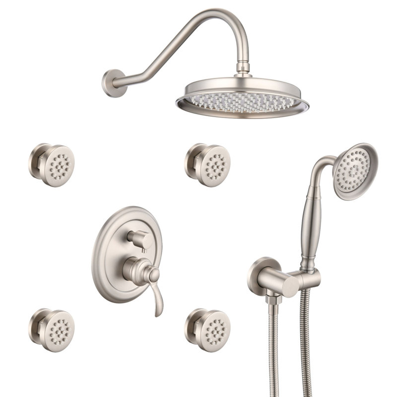 Robinet de douche de pluie à une poignée à 4 jets avec douchette à main (valve incluse), Nickel brossé