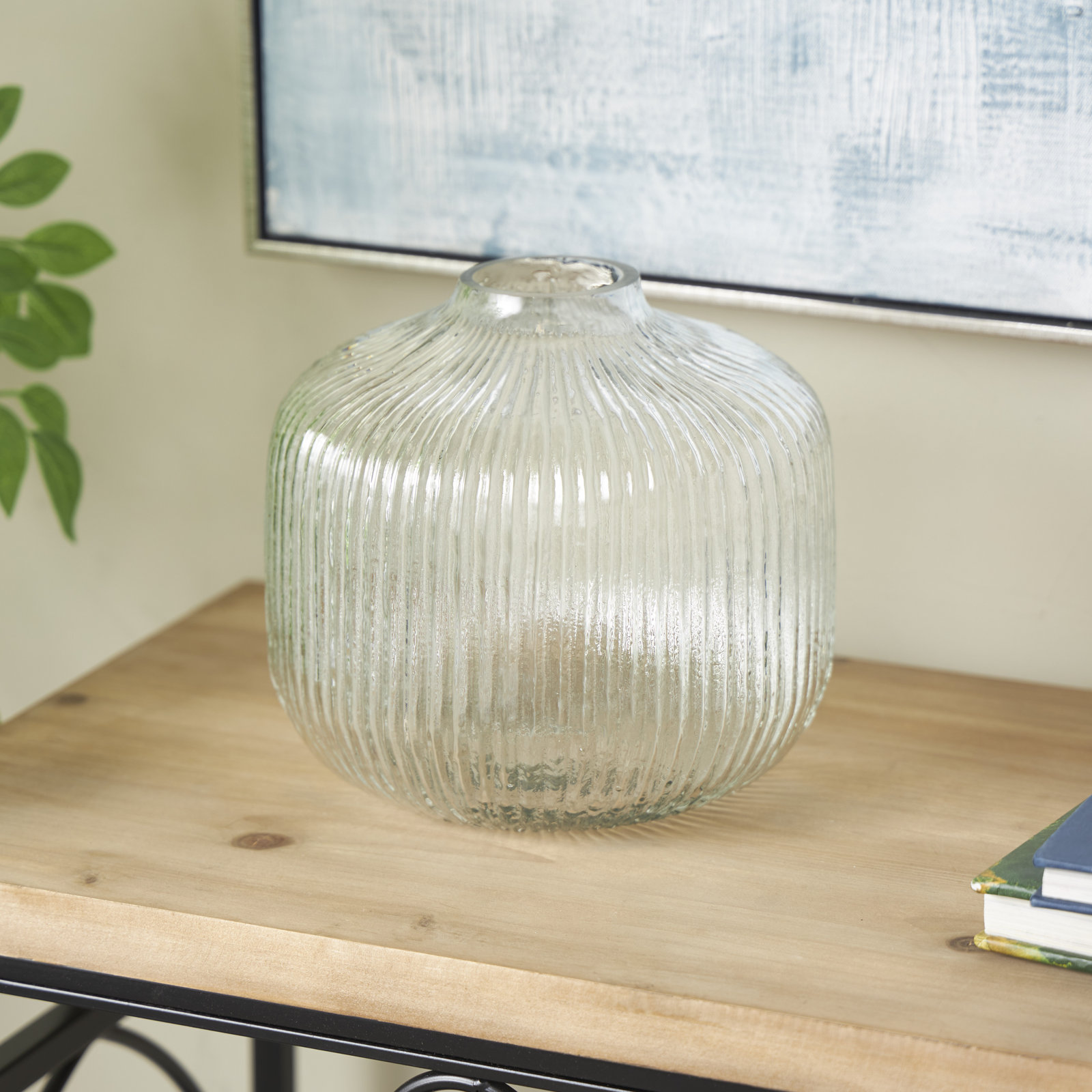Perry Glass Short Round Ribbed Vase, 10.65" H x 10.15" W x 10.15" D