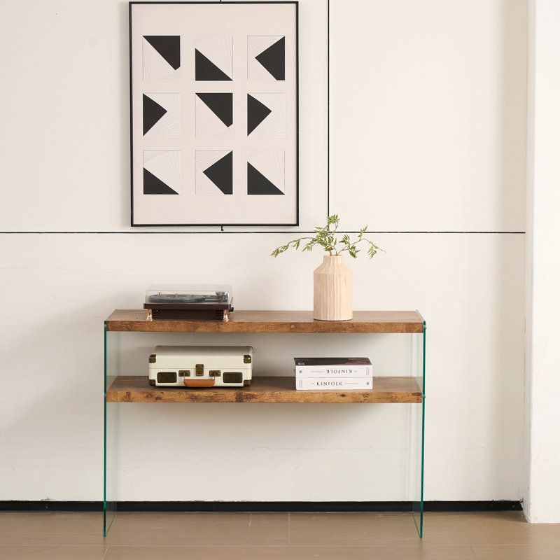 Console en MDF, grande table d'appoint, bureau en verre trempé noyer, table d'entrée, L 43,3 po x H 29,5 po x P 13,7 po