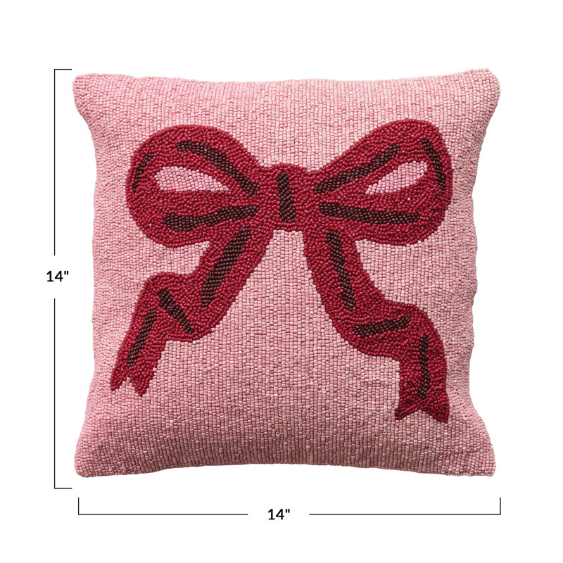 Glass Bead Embellished Cotton Pillow with Bow