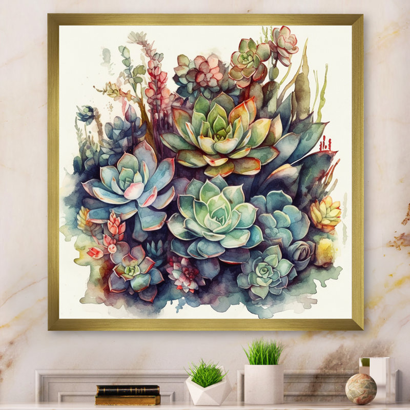 «Ryon Green Red Cactus Scenery III», reproduction sur toile, Cadre doré, H 30 po x l 30 po