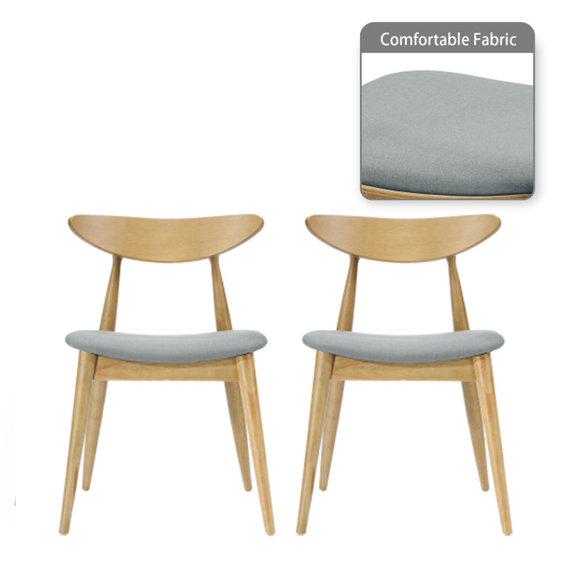 Ensemble de 2 chaises en bois d'hévéa rétro avec dossier incurvé et coussin, Gris clair, Bois naturel