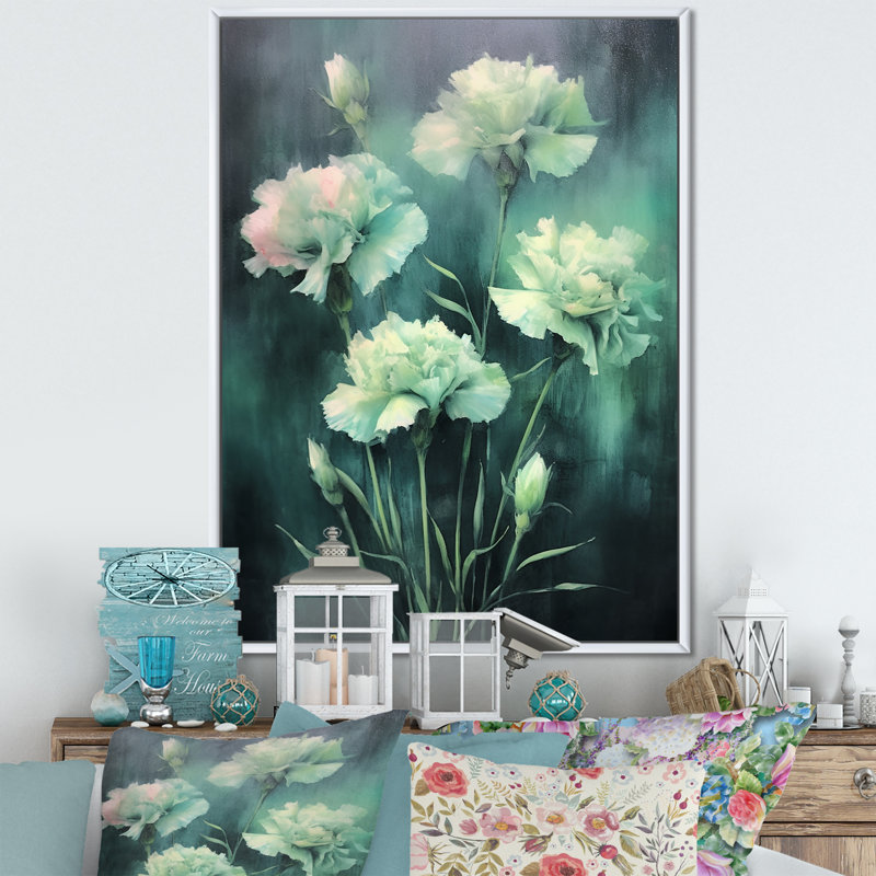 Carnation - émeraude verte, impression sur toile, Cadre flottant blanc, H 44 po x l 34 po x P 1,5 po