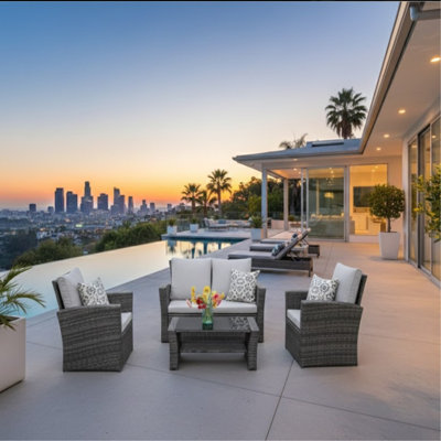 4-Piece All Weather Wicker Patio Conversation Set With Gray Cushions And Glass Table