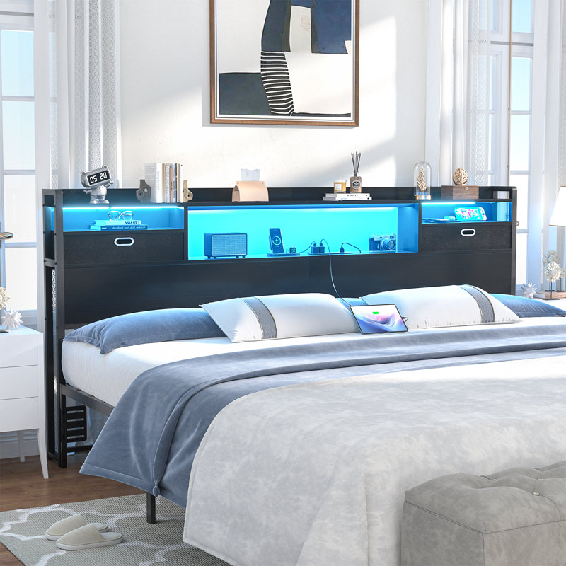 45.3" H Metal Storage Headboards With Cloth Darwers, Outlets,USB Ports And LED Lights, King, Black