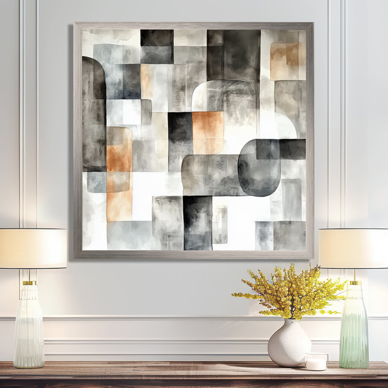 Gris et brun mosaïque bohème tons de terre II - décoration murale moderne transitionnelle abstraite, Silver, 16" H x 16" W