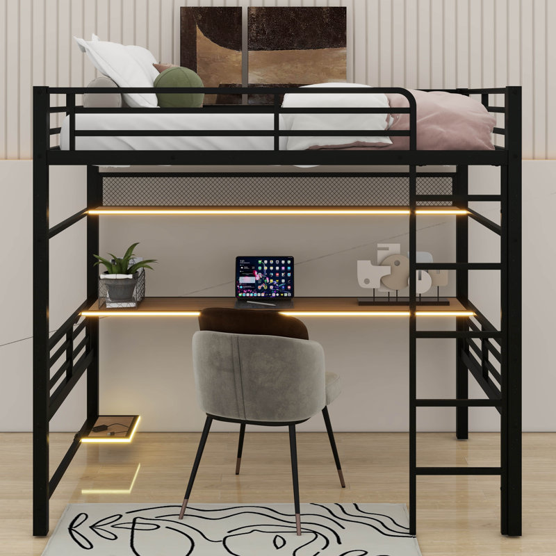 Full Size Metal Loft Bed Frame With Storage Shelf,Iron Mesh And LED Light