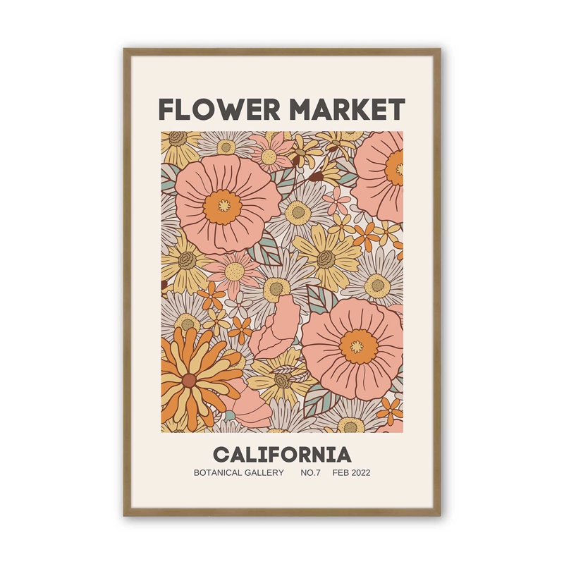 Impression rétro du marché aux fleurs de Californie, H 11,25 po x l 9,25 po, Cadre pour photo simple or brossé