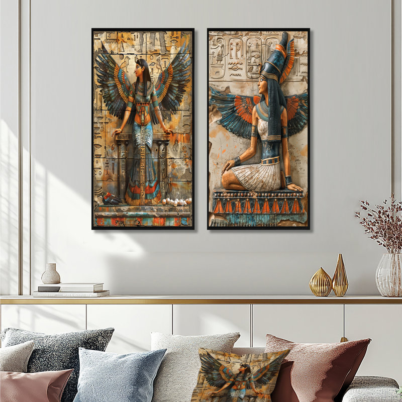 Ensemble de 2 pièces déesse égyptiennes bleues et beiges égyptiennes III, H 28 po x l 24 po, Cadre flottant noir