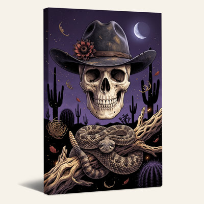 «Cowboy Hat Skull Rattlesnake Desert Night», art sur toile