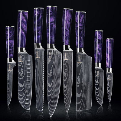 Senken Knives 'amethyst' Purple Resin Japanese Kitchen Knife Set With Damascus Blade Pattern - 8-piece Professional Chef Knife Set, Comes W/ Luxury Gi