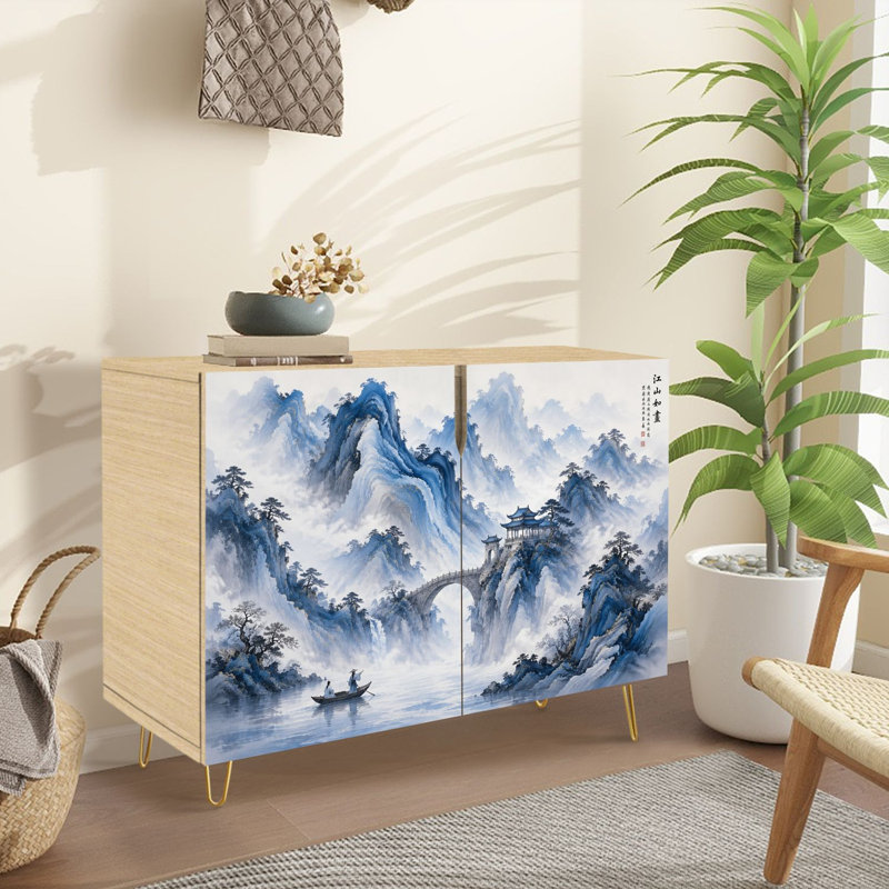 Buffet Buffet avec rangement Paysage traditionnel chinois Pont de la Pagode de la rivière Blue Mountains avec 2 portes pour le salon et la cuisine
