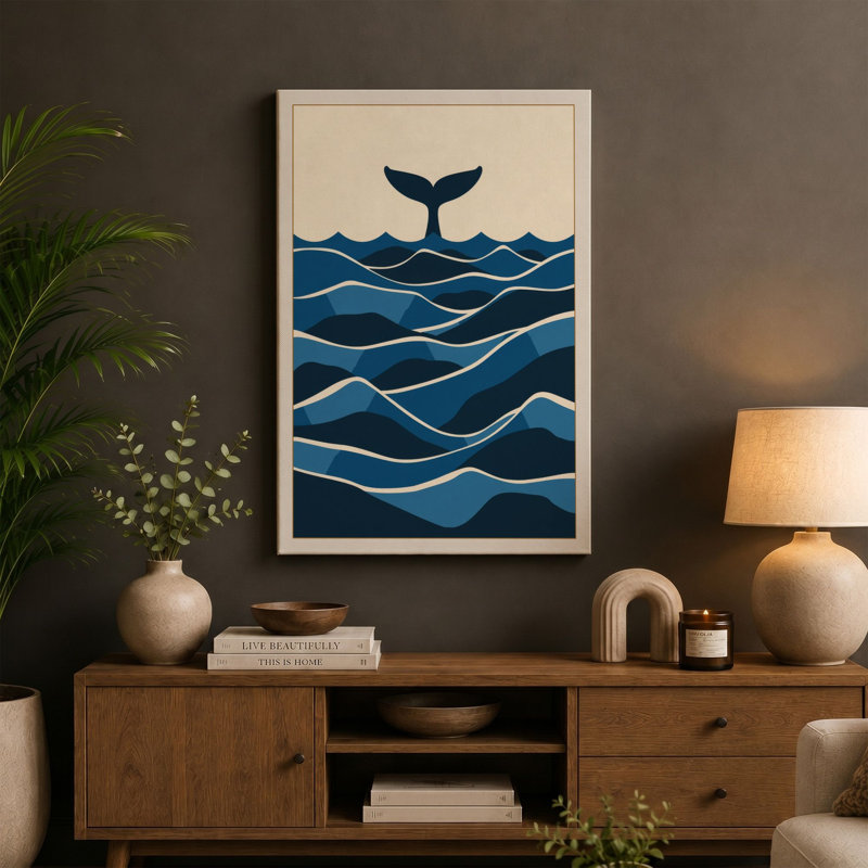 Whale Tail Rising Coastal - Wrapped Canvas, 24x16 - 61.0 x 40.6 cm, Teal Border