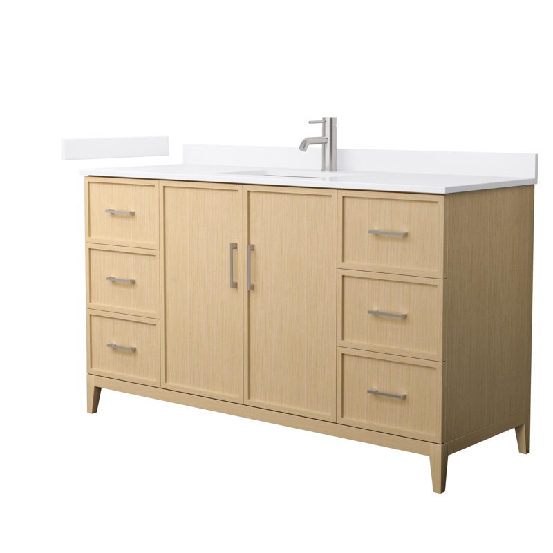 Ensemble de meuble-lavabo simple 60 po avec plateau en quartz Elan, Simple, Brun clair, Nickel brossé