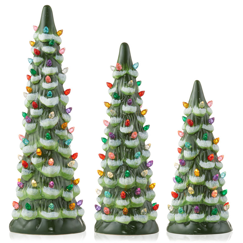 3PC Set 8/10/12" Pre-Lit Snow Ceramic Christmas Trees - Multi Lights, Silver