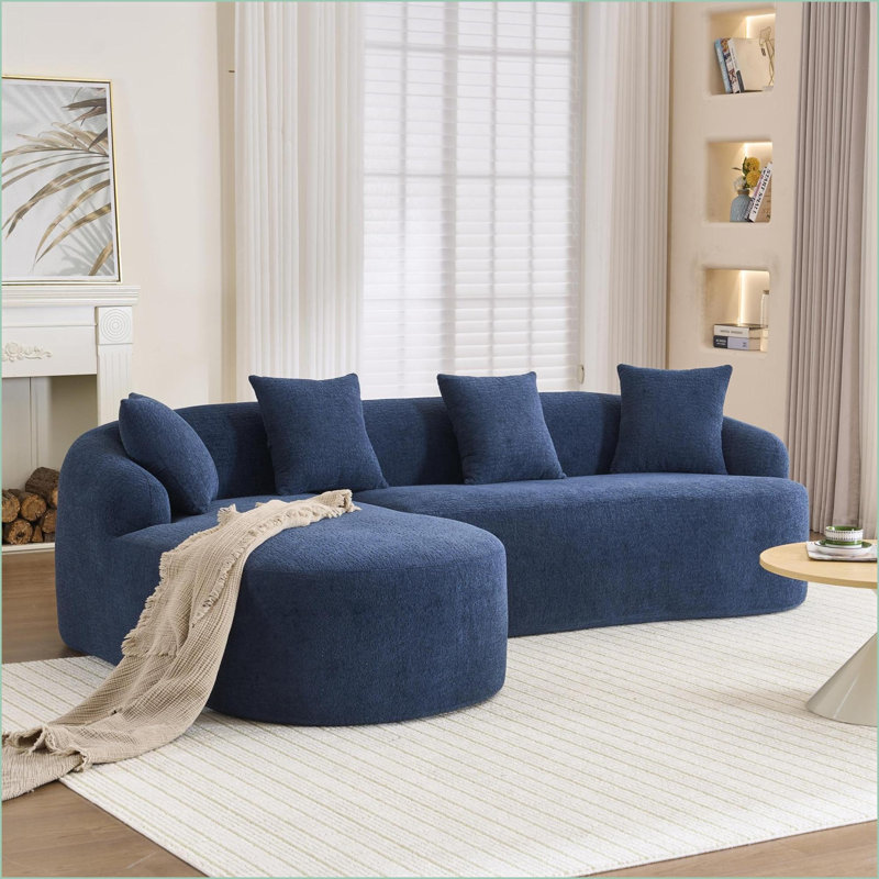 Canapé modulaire, canapé en chenille modulaire en L bleu marine avec méridienne incurvée | Mousse haute densité | 4 oreillers gratuits