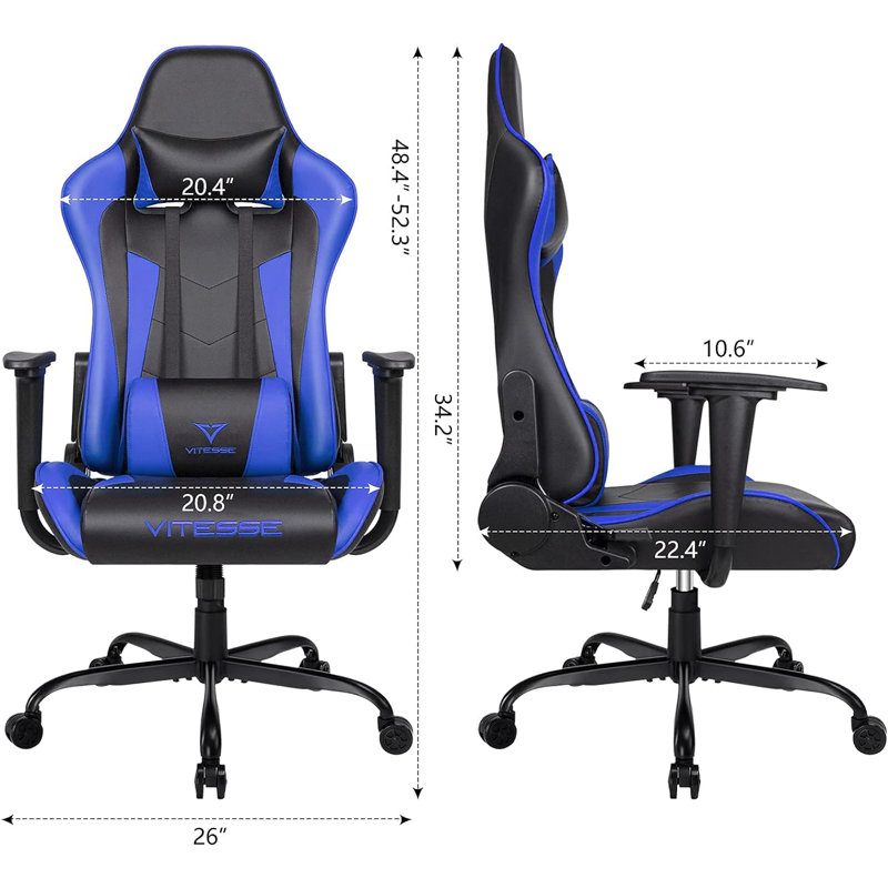 Fauteuil de jeu ergonomique pour ordinateur avec support et appui-tête de 330 lb, Bleu, H 49,7 po x l 22,2 po x P 21 po
