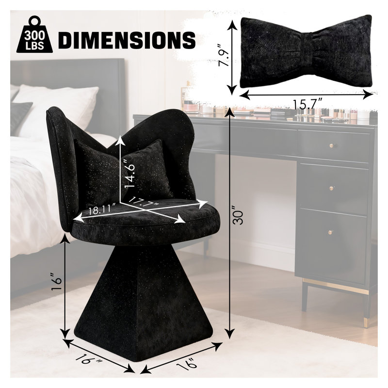 Meuble-lavabo à dossier papillon noir - Fauteuil d'appoint pivotant à 360 ° avec revêtement en velours de chenille - Tabouret de maquillage élégant pour coiffeuse, salon et salle à manger