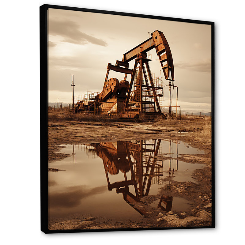 «Modern Sepia Drilling Rig Field I», reproduction sur toile, Cadre flottant noir, H 44 po x l 34 po x P 1,5 po