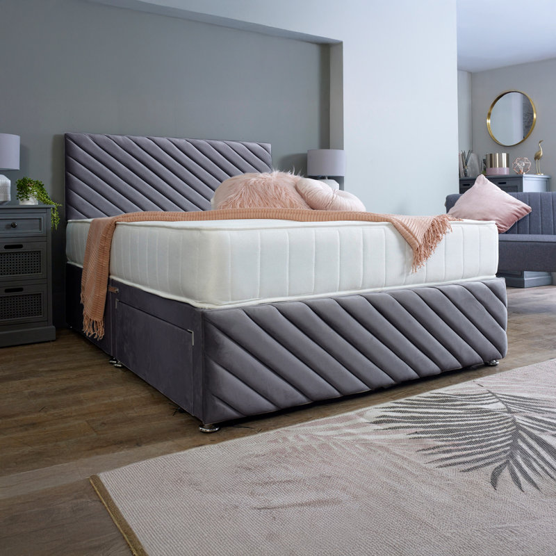 Tokyo Divan Bed Base with 24" inch Headboard No Storage, Charcoal Grey, Double, 2x Drawers Same Side