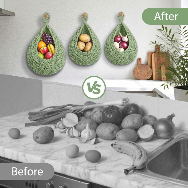 Paniers à fruits suspendus pour la cuisine, ensemble de 3 paniers de rangement pour légumes tissés à la main en corde de coton Boho