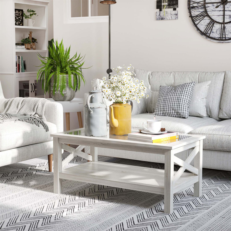 HOMCOM Farmhouse Style Coffee Table with Tempered Glass Top and Storage Shelf for Living Room, White Oak, White Oak