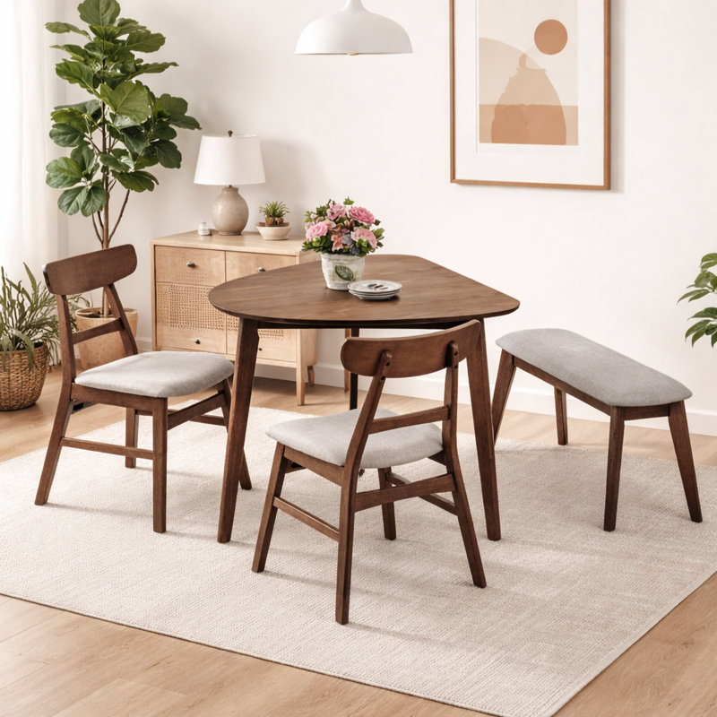 Ensemble de table de salle à manger en bois massif 4 pièces Charlotte avec banc et chaises rembourrées