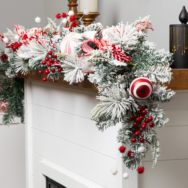 Heavily Flocked Pine With Candy Cane Striped Bows Artificial Christmas Garland - 6' X 8" - Unlit