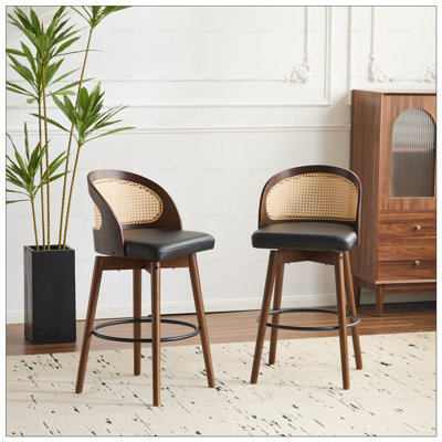 Como Indoor Wood Barstool, Dark Walnut Finish with Comfortable Black Upholstery and Rattan-Decorated Backrest
